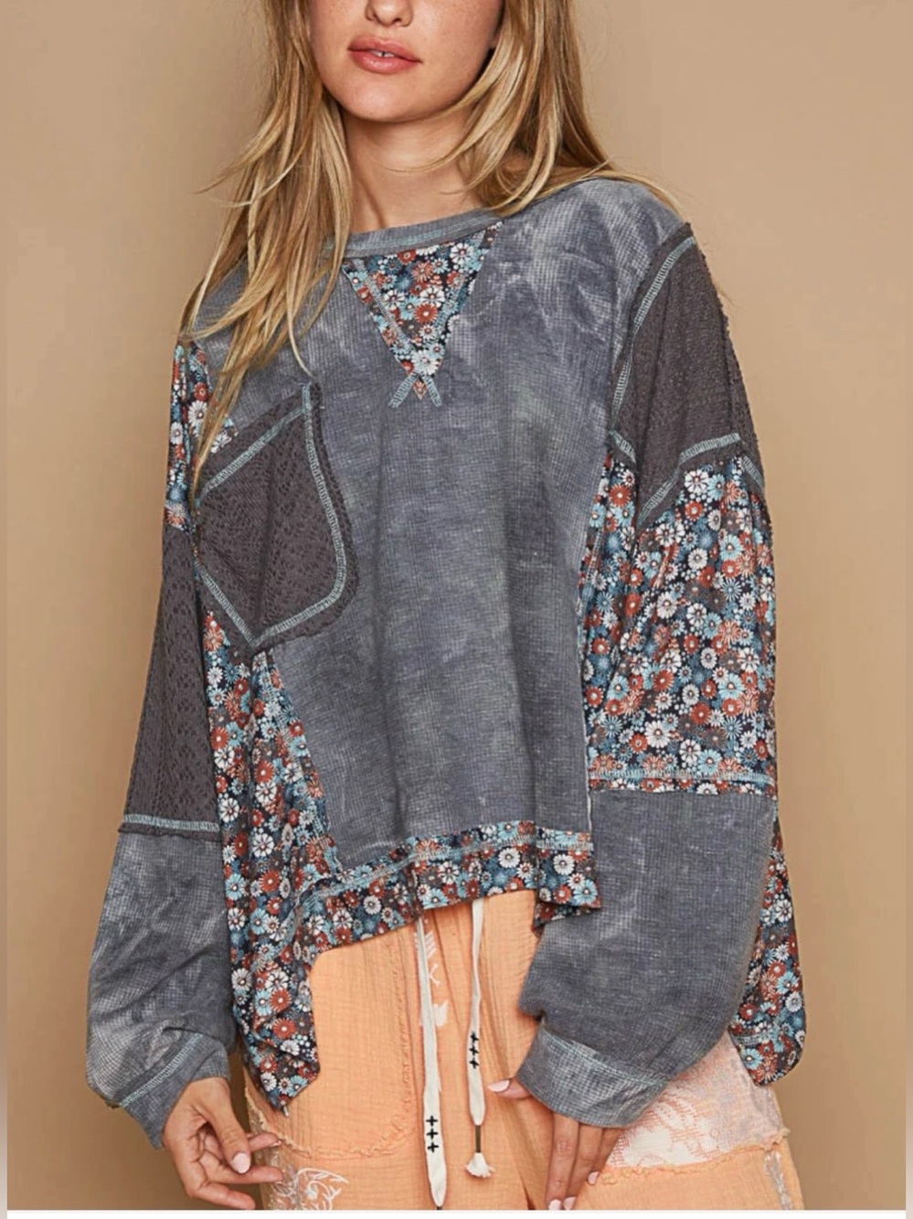 NWOT POL OVERSIZED Floral Patchwork Round Neck Knit Top